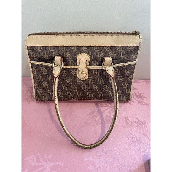Vintage Dooney & Bourke Satchel Bag DB Monogram Tan Leather Trimmed Zip Top - Picture 1 of 10